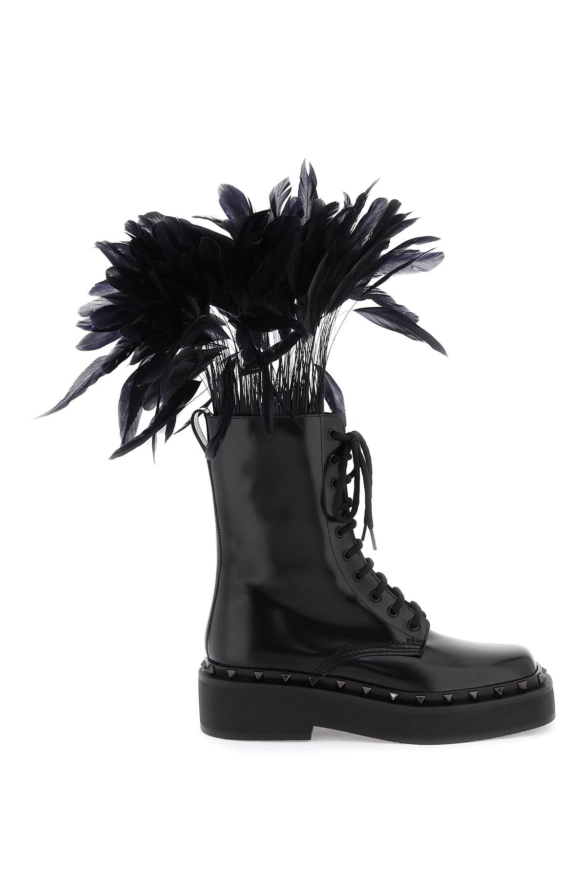 Valentino Garavani Leather M Way Rockstud Combat Boots With Feathers   Black