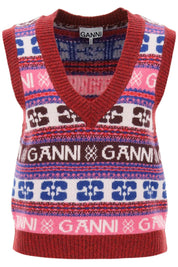 Ganni Jacquard Wool Vest With Logo Pattern   Multicolor