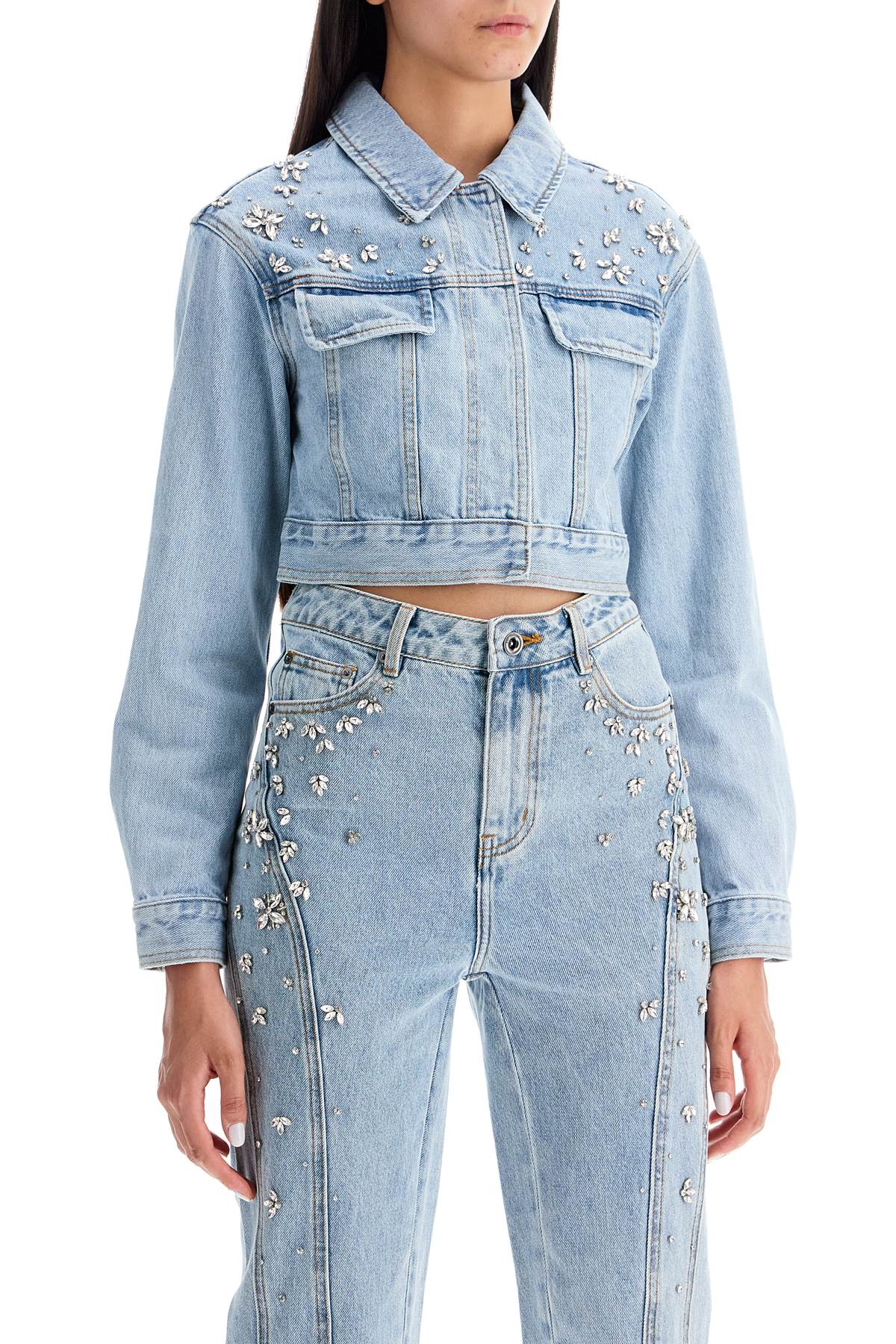 Self Portrait Cropped Denim Jacket For Women   Blue