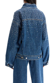 Alessandra Rich Denim Bomber Jacket With Rhin   Blue