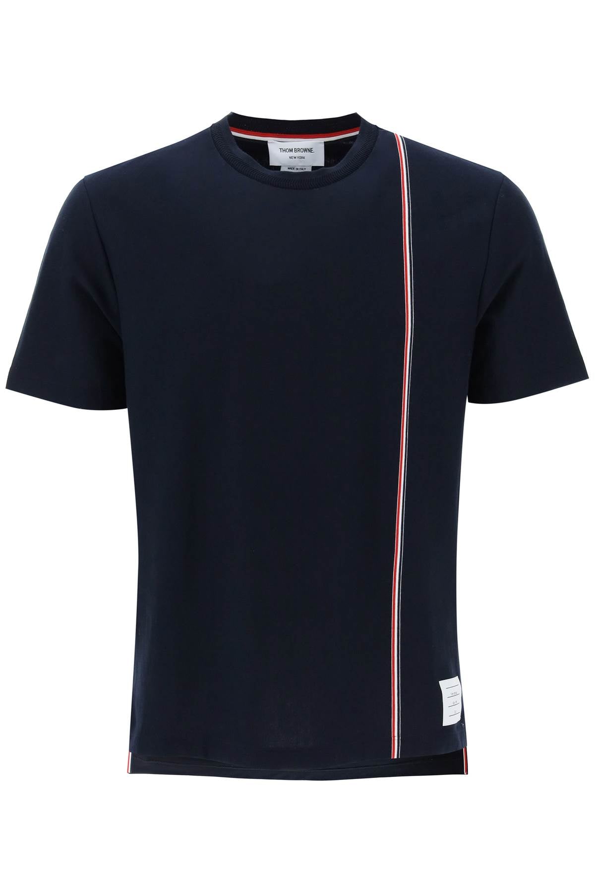 Thom Browne Crewneck T Shirt With Tricolor Intarsia   Blue