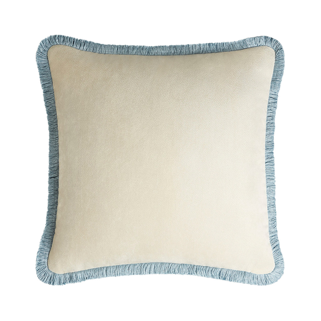 Lo Decor Cream Velvet Square Cushion with Light Blue Trim