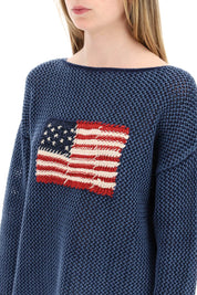 Polo Ralph Lauren Replace With Double Quotepointelle Knit Pullover With Embroidered Flag   Blue