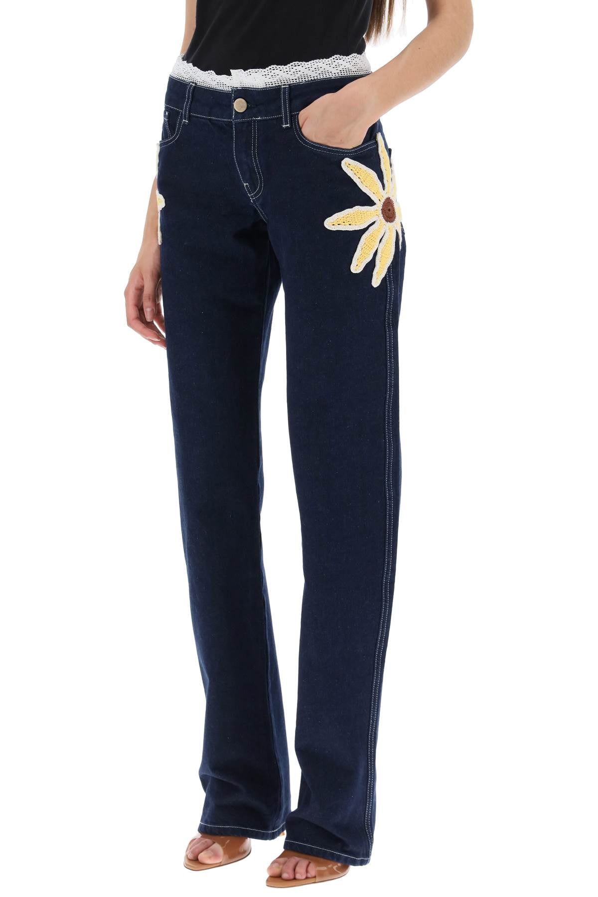 Siedres Low Rise Jeans With Crochet Flowers   Blue