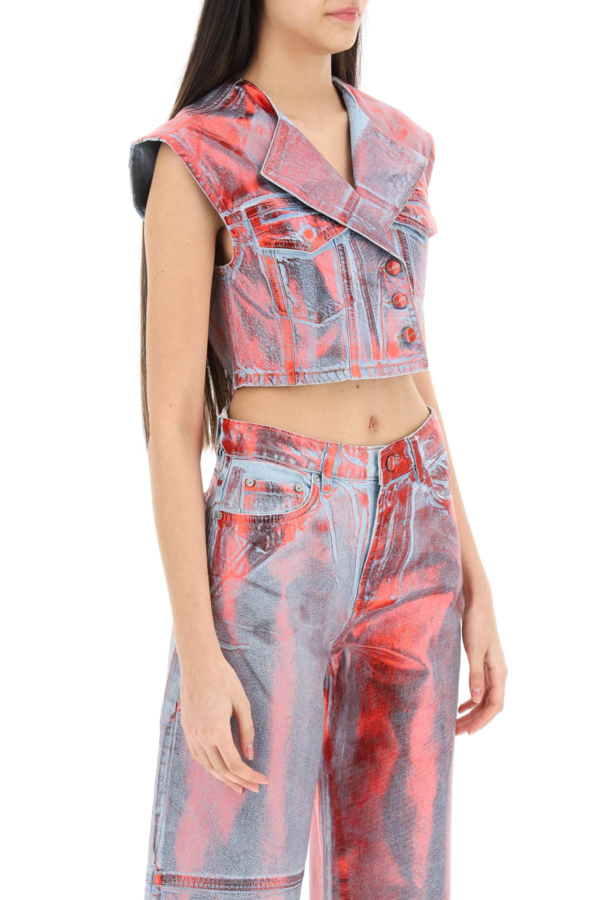 Ganni Cropped Vest In Laminated Denim   Blue