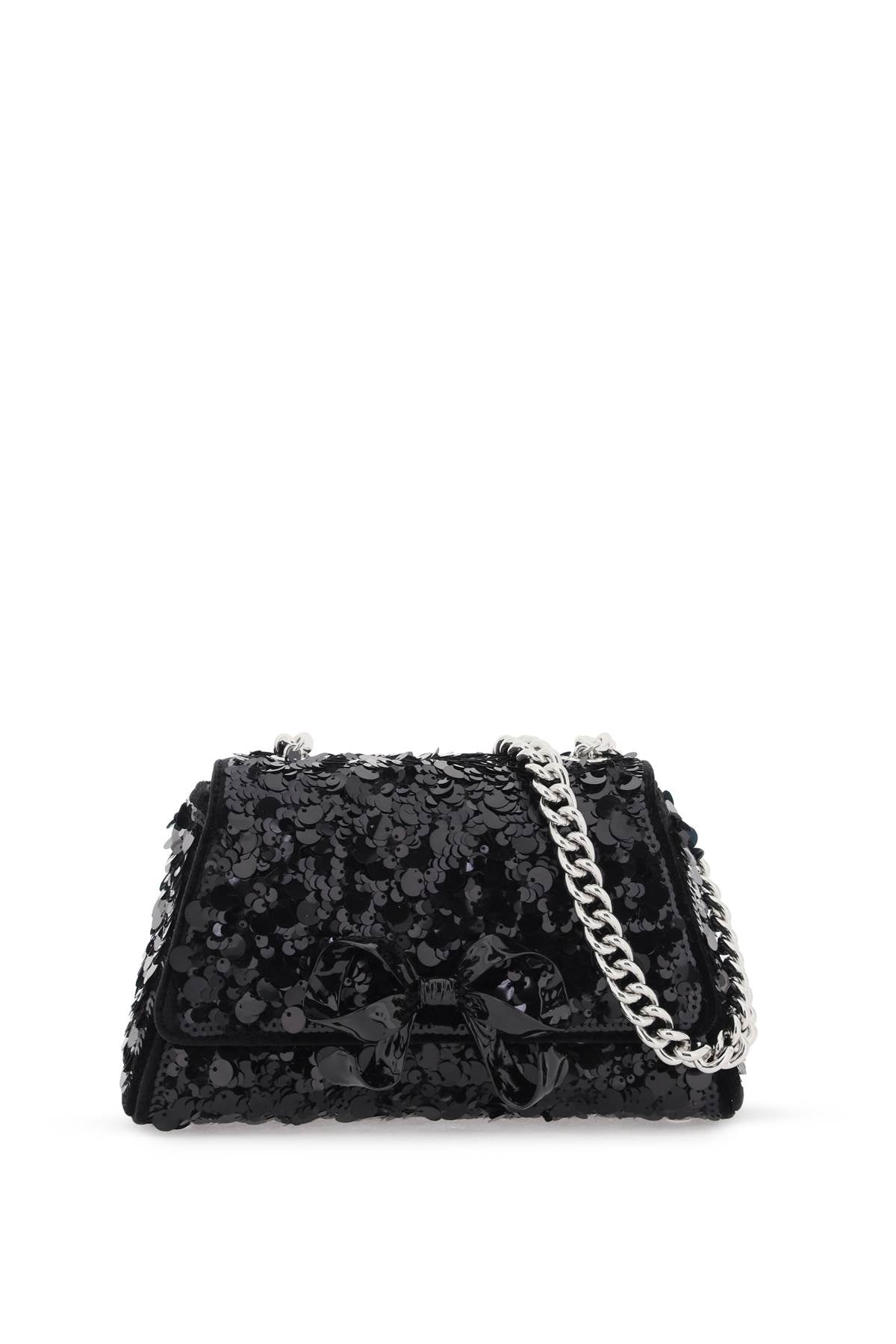 Self Portrait Sequined Bow Mini Shoulder Bag   Black