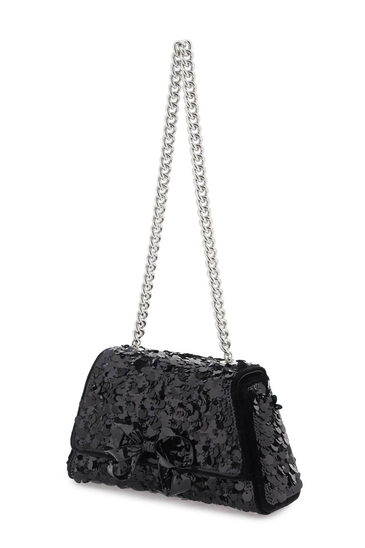 Self Portrait Sequined Bow Mini Shoulder Bag   Black