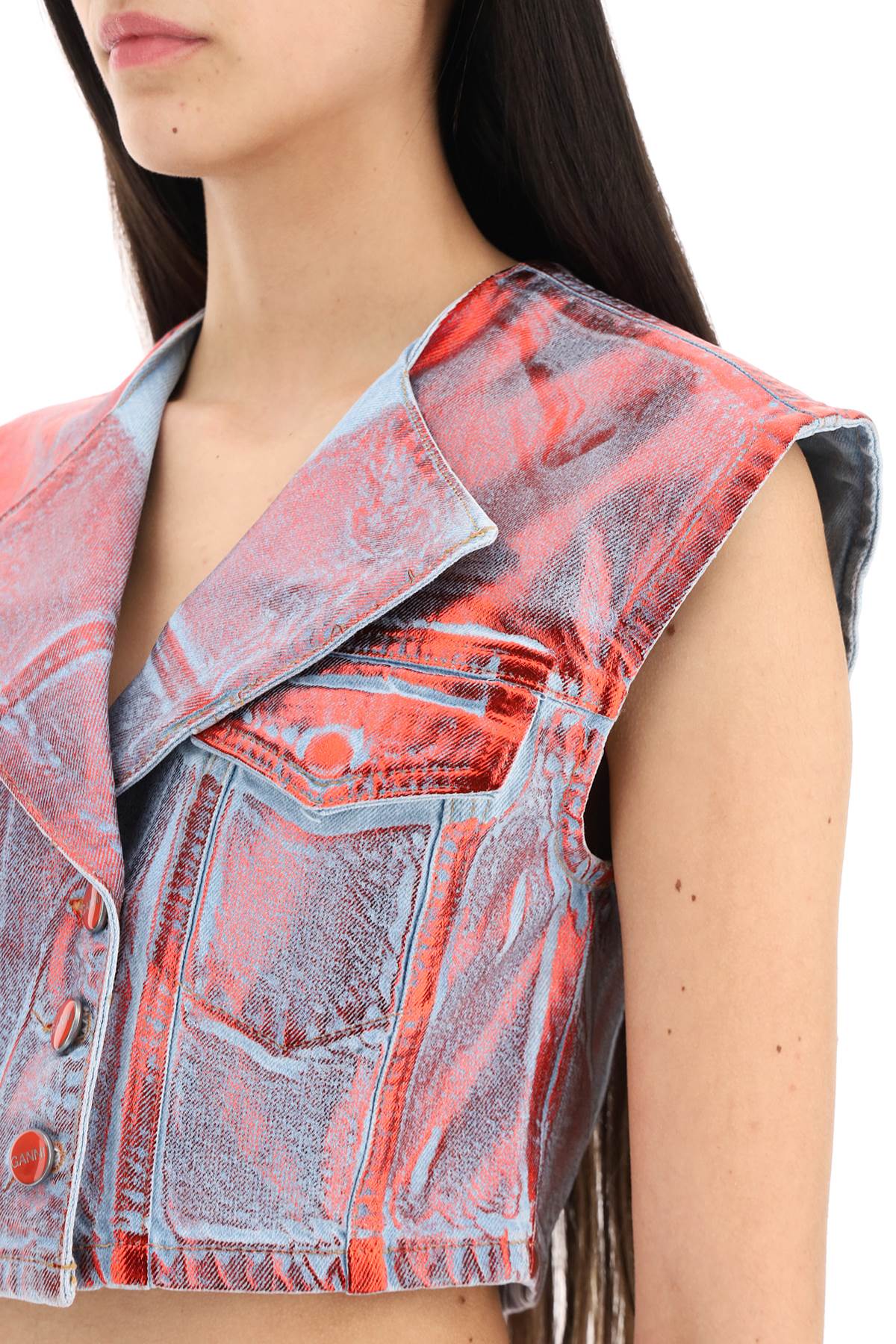 Ganni Cropped Vest In Laminated Denim   Blue