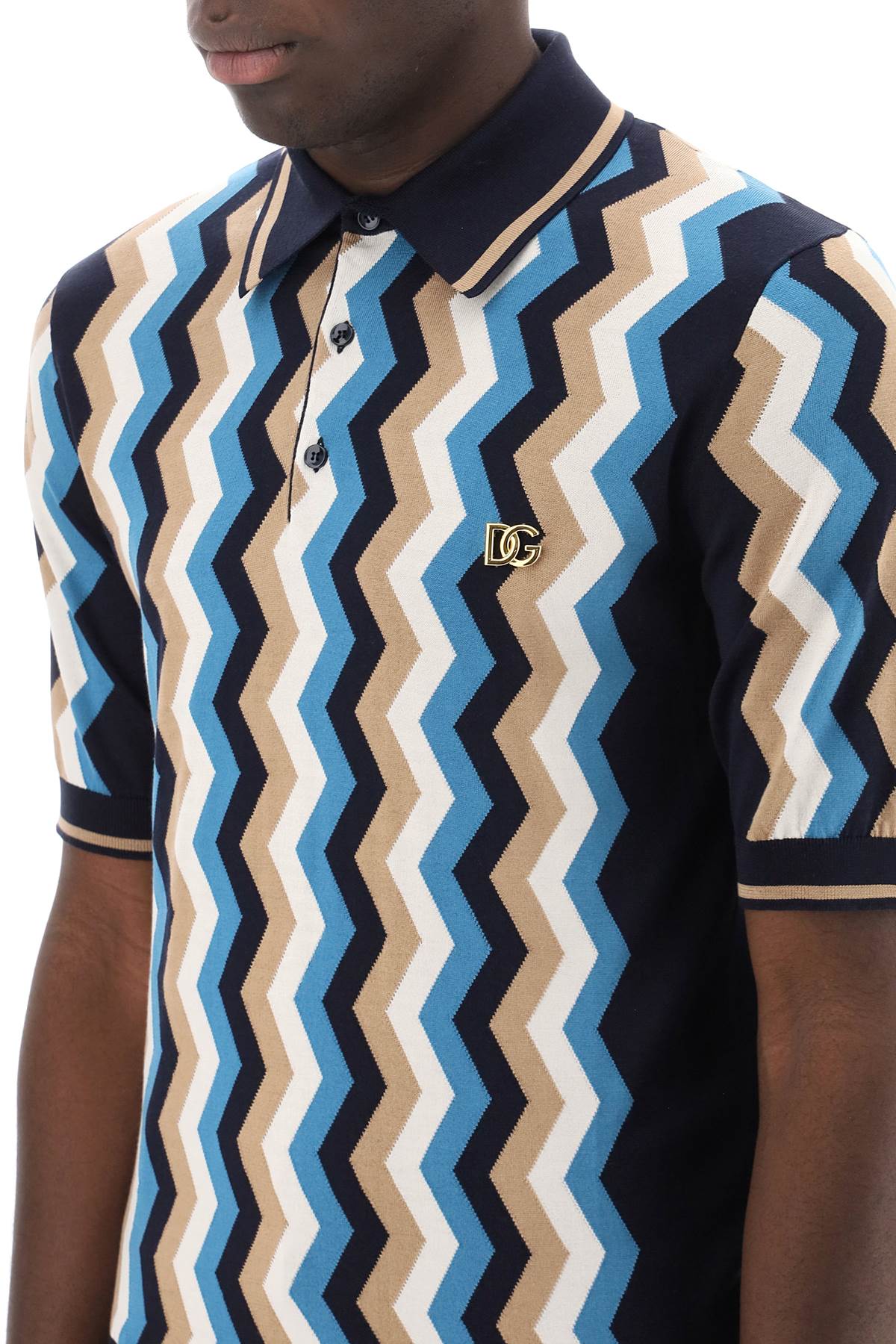 Dolce & Gabbana Silk Polo Shirt With Zigzag In   Blue