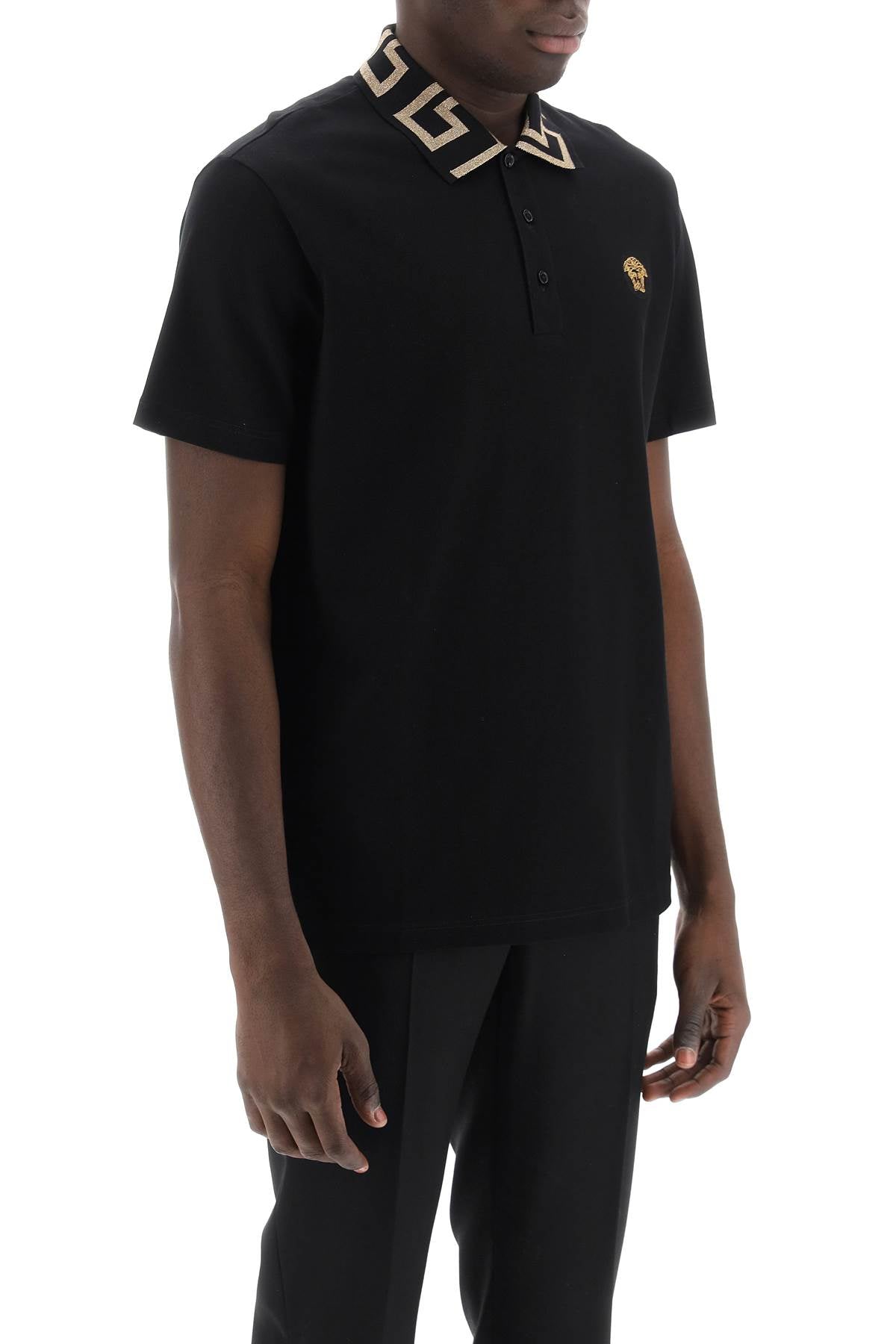 Versace Polo Shirt With Greca Collar   Black