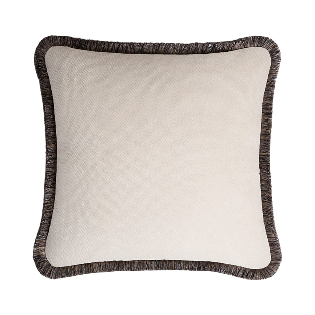 Lo Decor Beige Velvet Cushion Cover with Multicolour Fringe