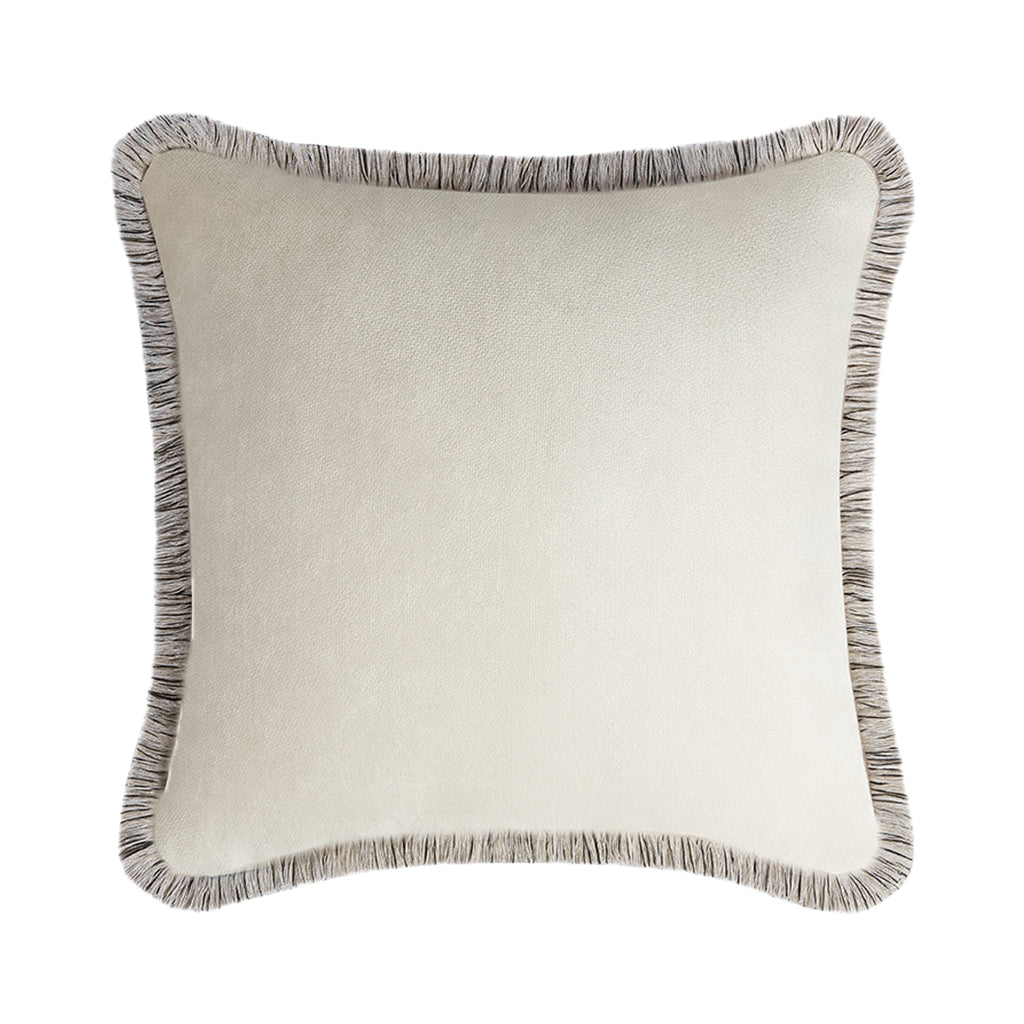 Lo Decor Beige Velvet Cushion Cover with Multicolour Fringe