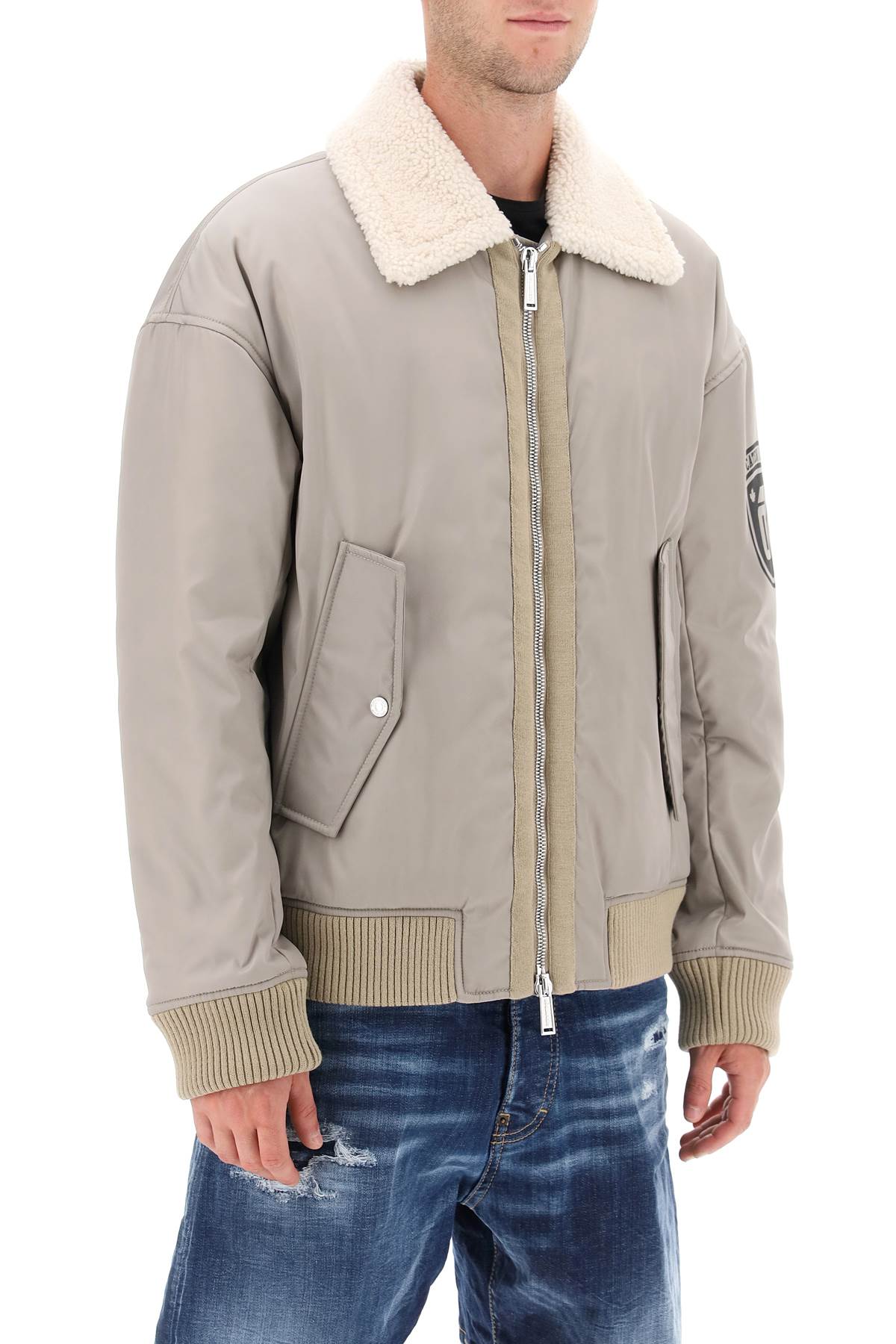 Dsquared2 Padded Bomber Jacket With Collar In Lamb Fur   Grey