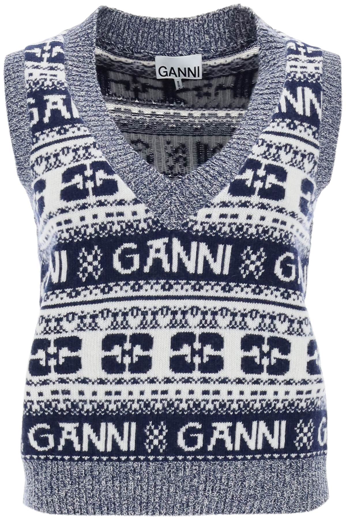 Ganni Jacquard Wool Vest With Logo Pattern   White