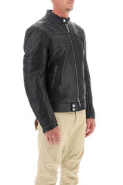 Dsquared2 Leather Biker Jacket With Contrasting Lettering   Black