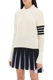 Thom Browne Pointelle Stitch Merino Wool 4 Bar Sweater   White