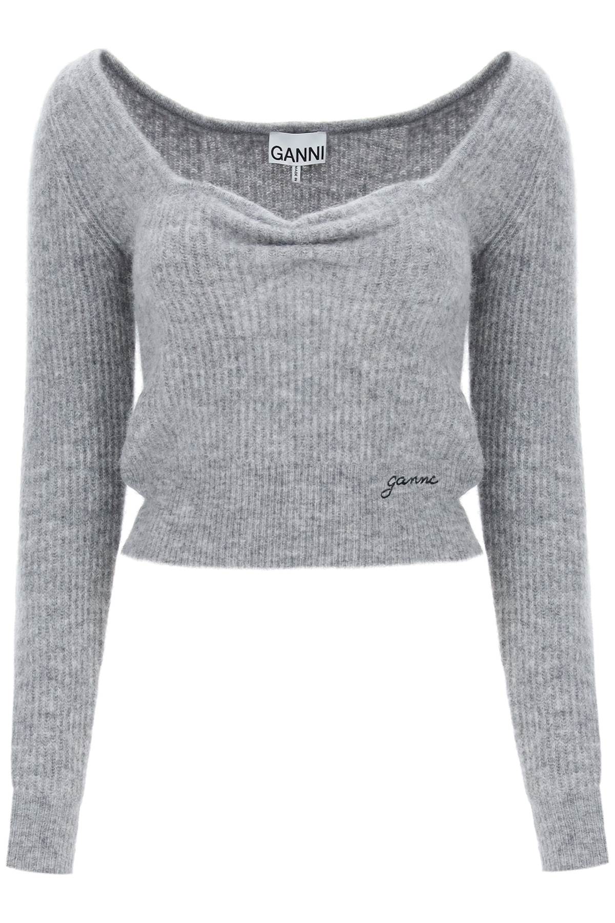 Ganni Sweater With Sweetheart Neckline   Grey