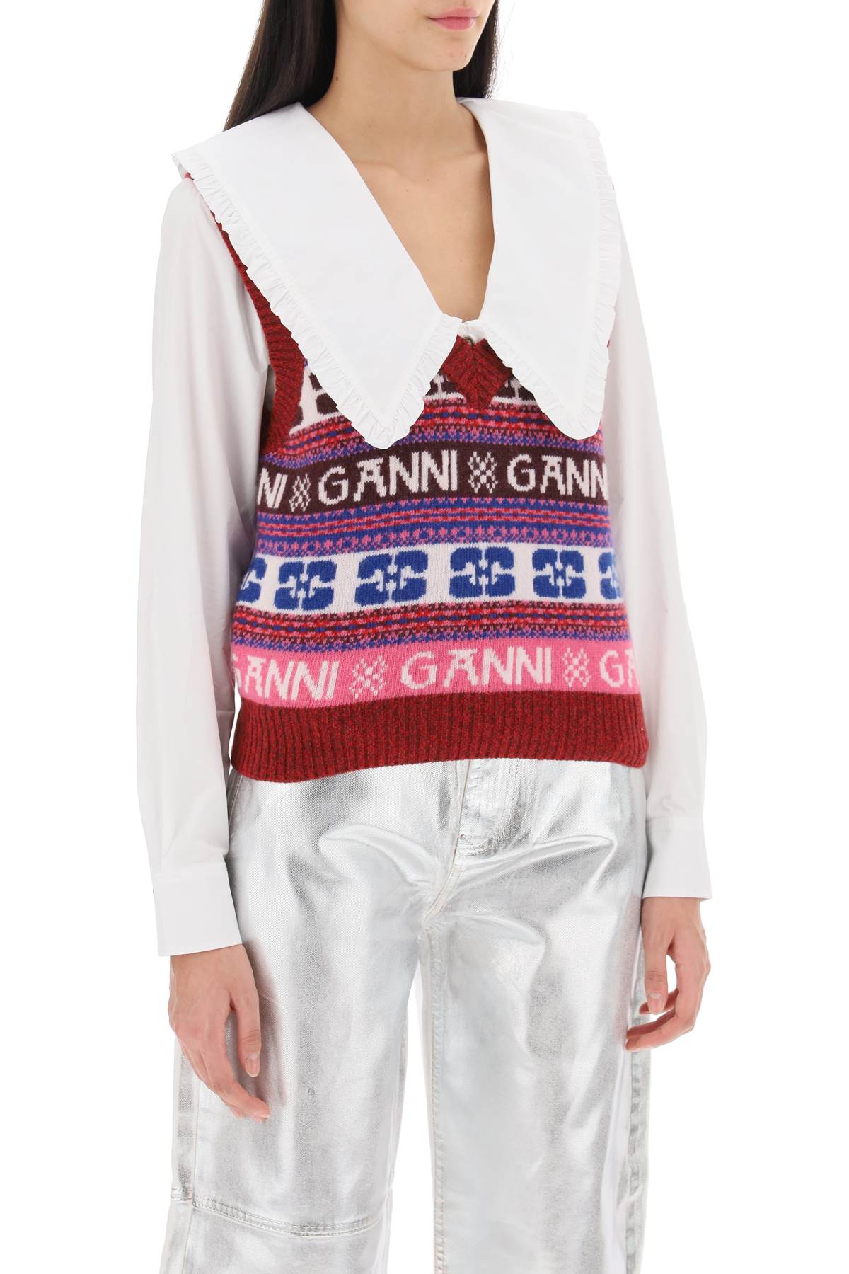 Ganni Jacquard Wool Vest With Logo Pattern   Multicolor