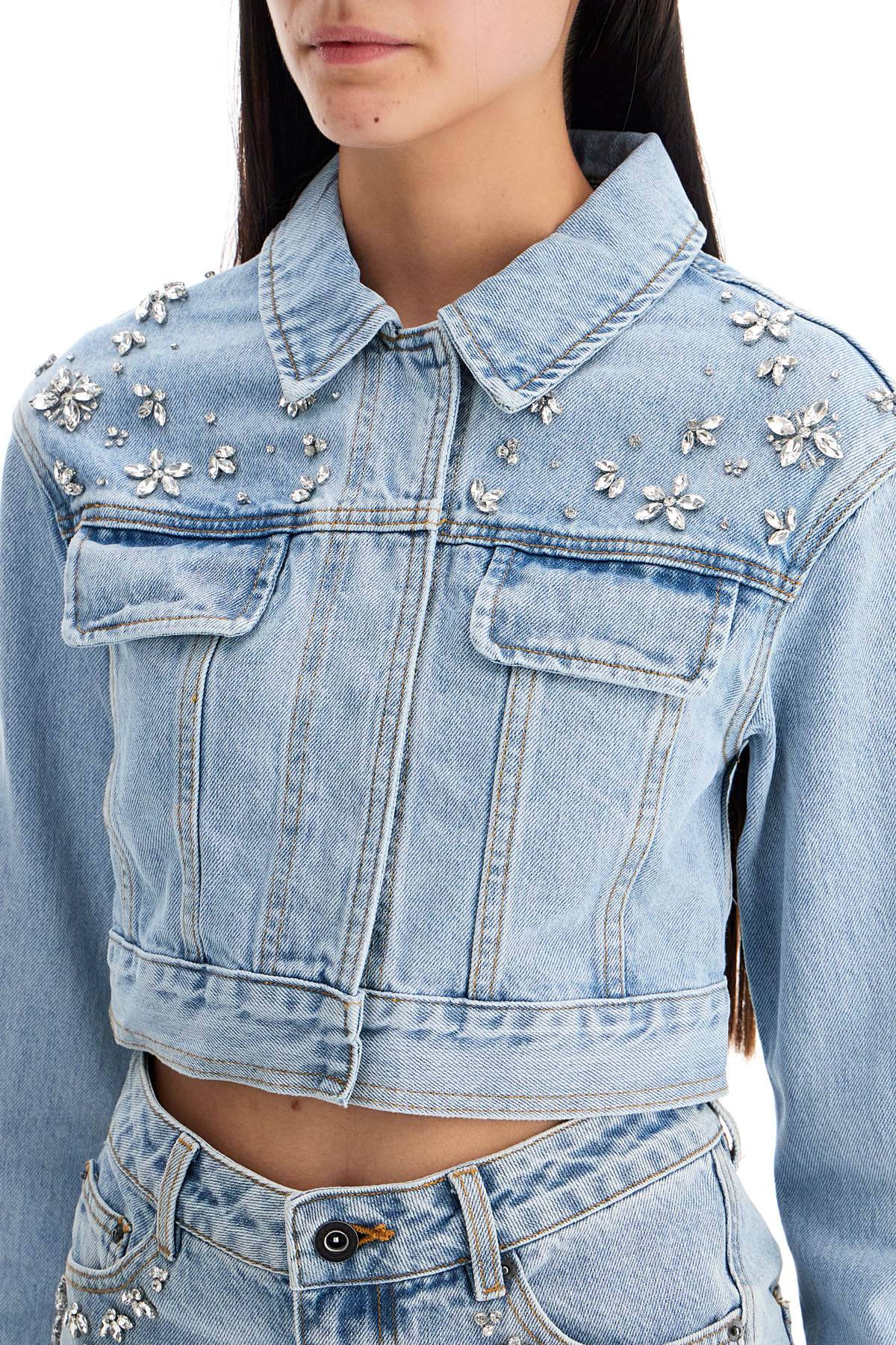 Self Portrait Cropped Denim Jacket For Women   Blue