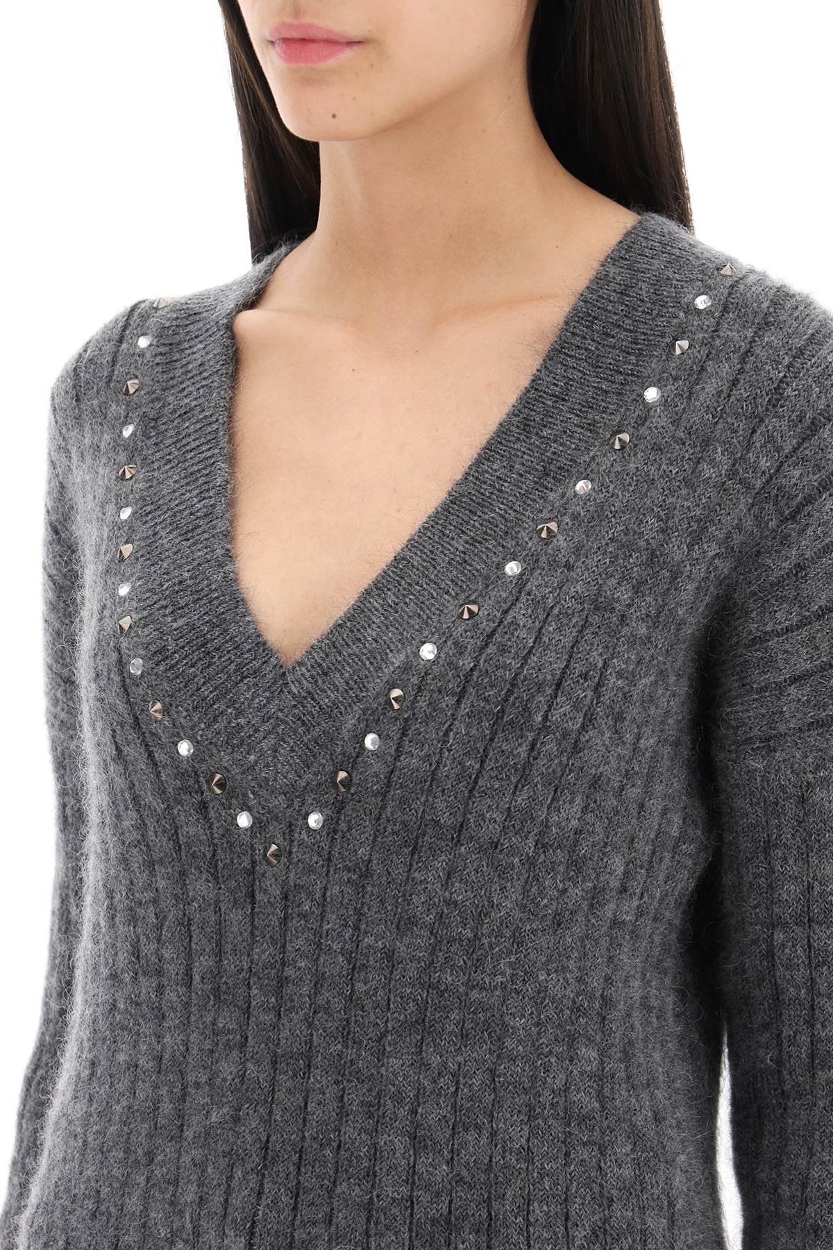 Alessandra Rich Wool Knit Sweater With Studs And Crystals   Grey