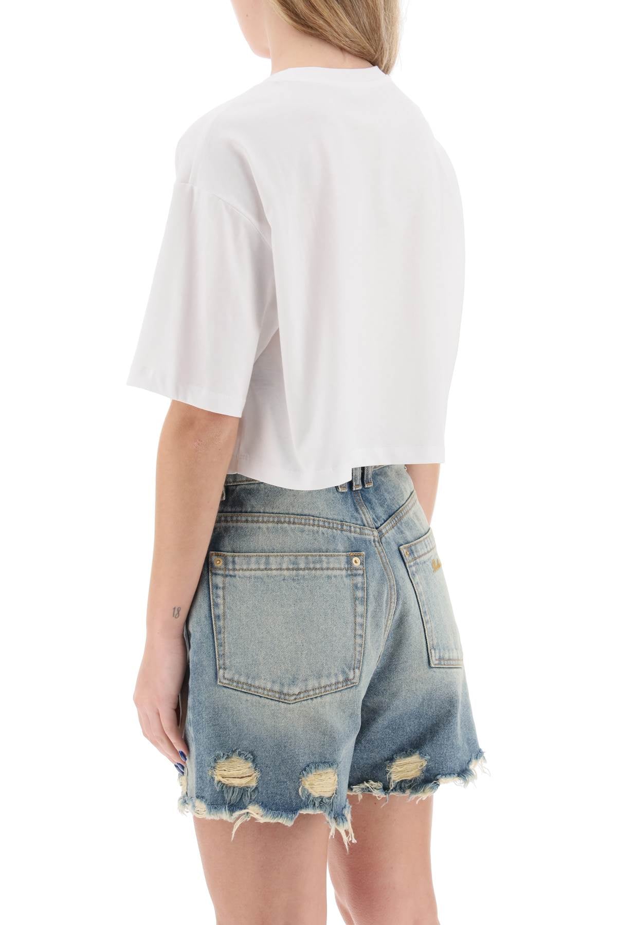 Balmain Cropped T Shirt With Metallic Logo   White