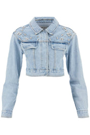 Self Portrait Cropped Denim Jacket For Women   Blue