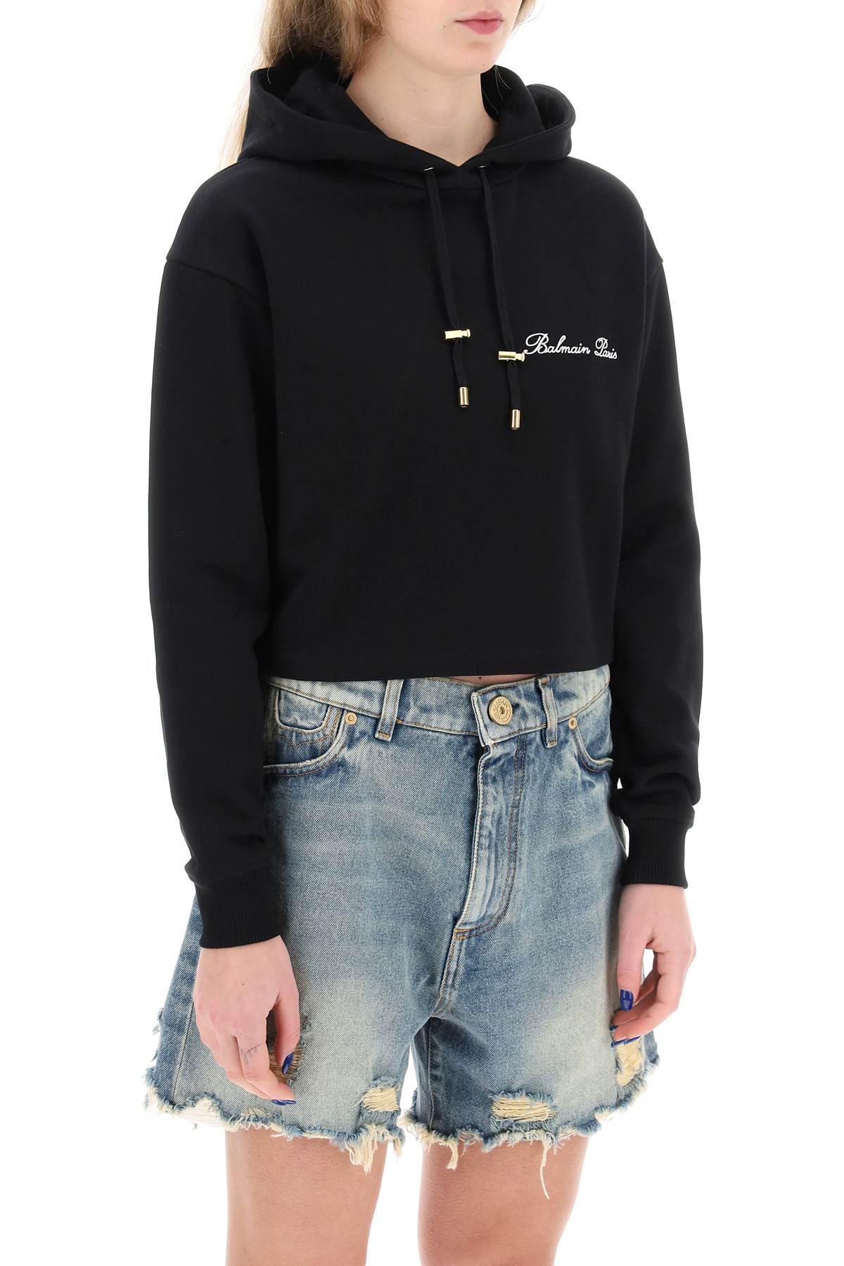 Balmain Cropped Hoodie With Logo Embroidery   Black