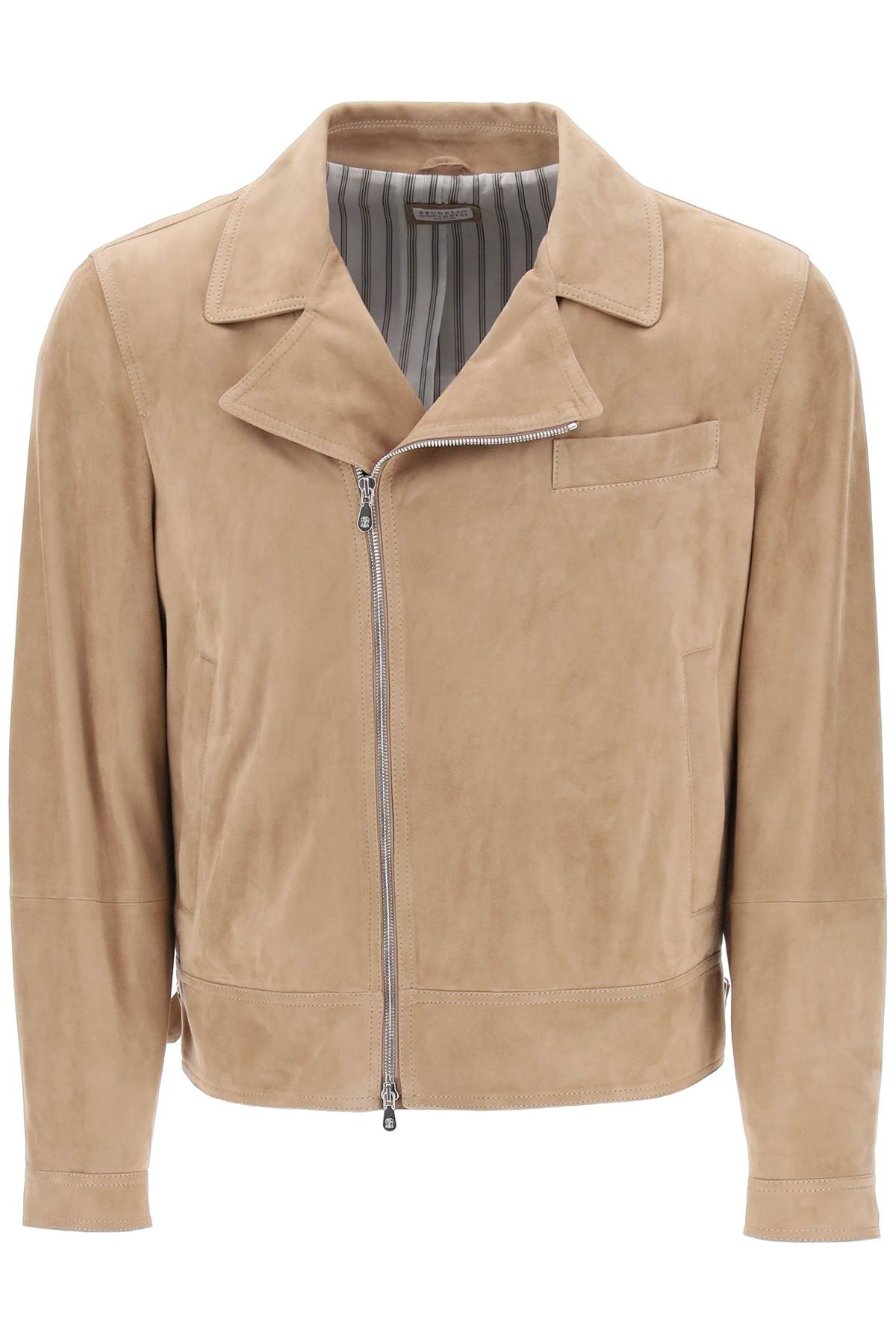 Brunello Cucinelli Suede Biker Jacket In Leather   Beige