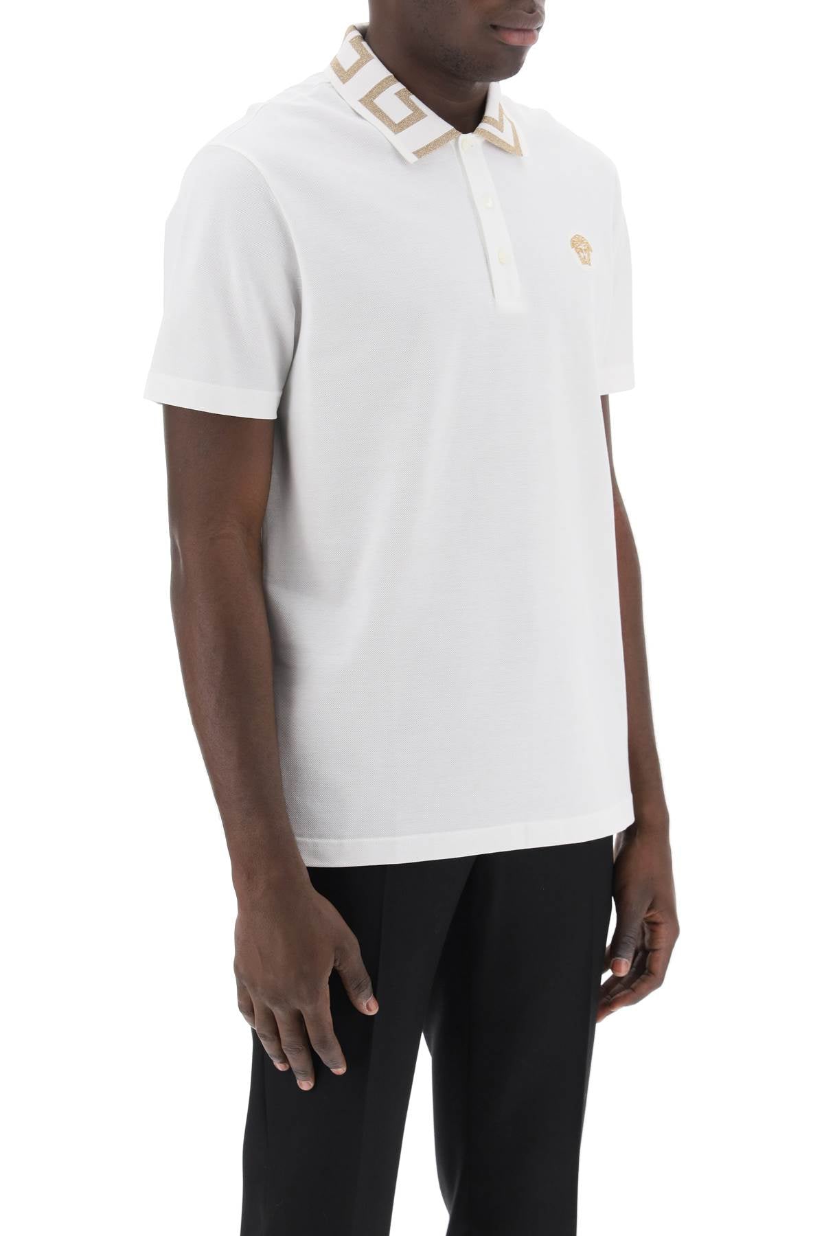 Versace Polo Shirt With Greca Collar   White