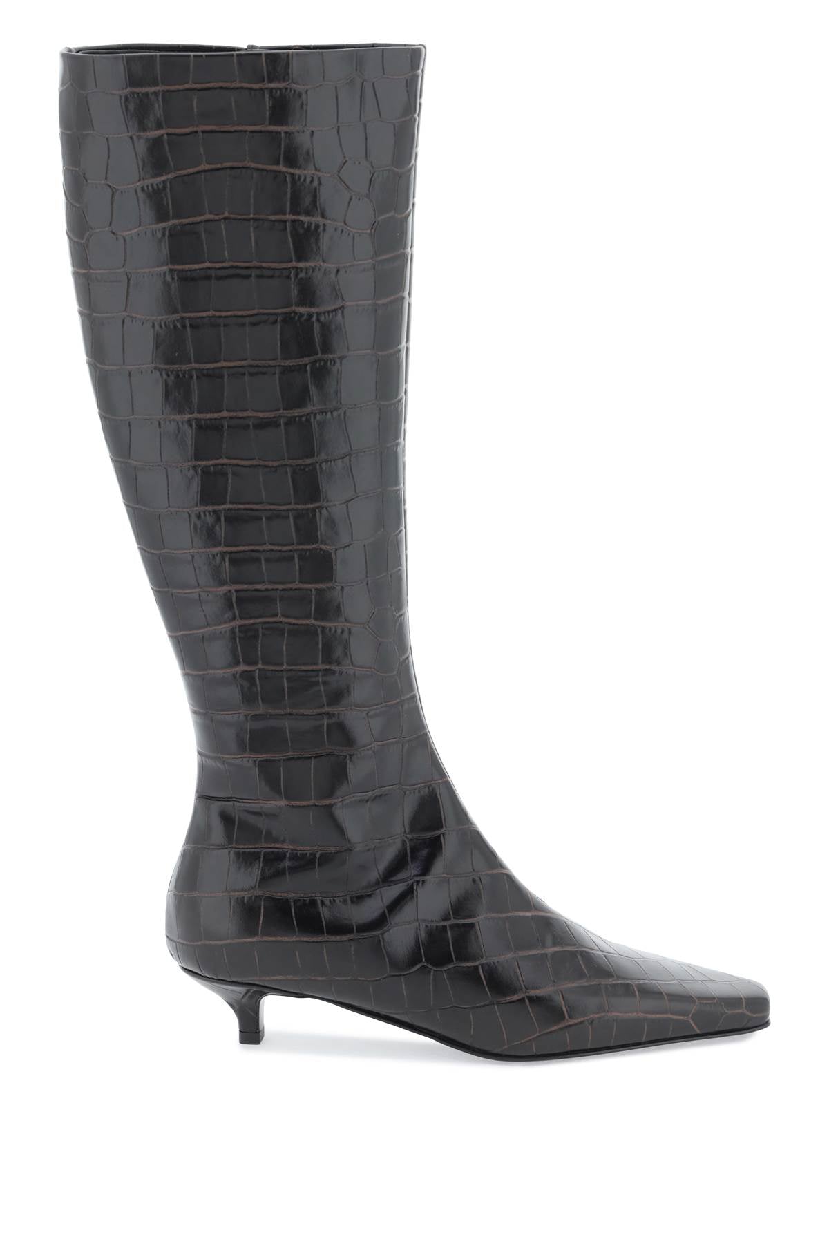 Toteme The Slim Knee High Boots In Crocodile Effect Leather   Brown