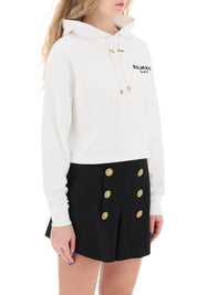 Balmain Cropped Hoodie With Flocked Logo   White