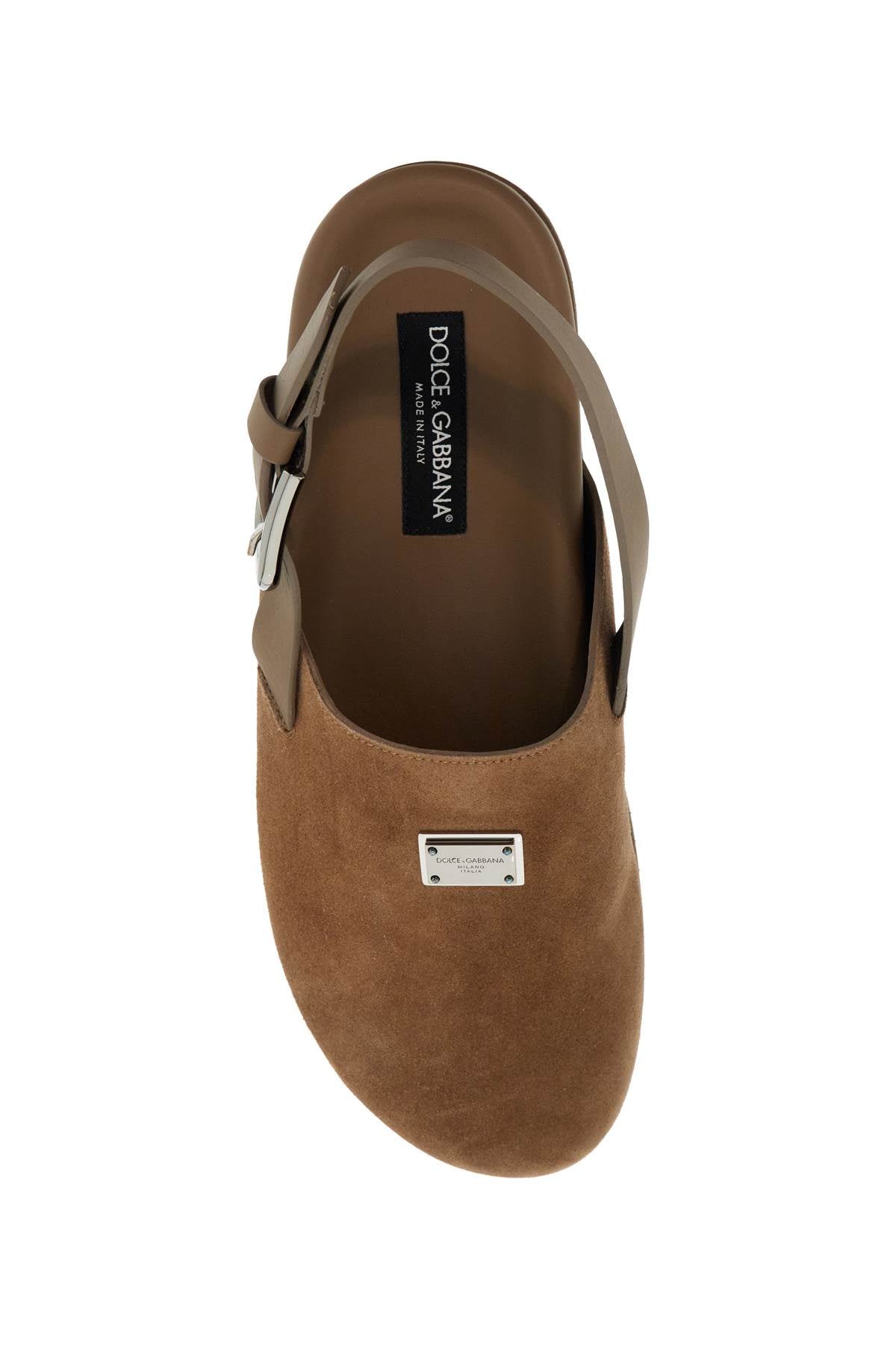 Dolce & Gabbana Suede Leather Clogs With Logo Plate   Brown