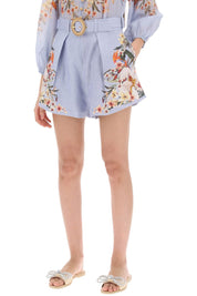 Zimmermann             Lexi Tuck Linen Shorts With Floral Motif   Light Blue