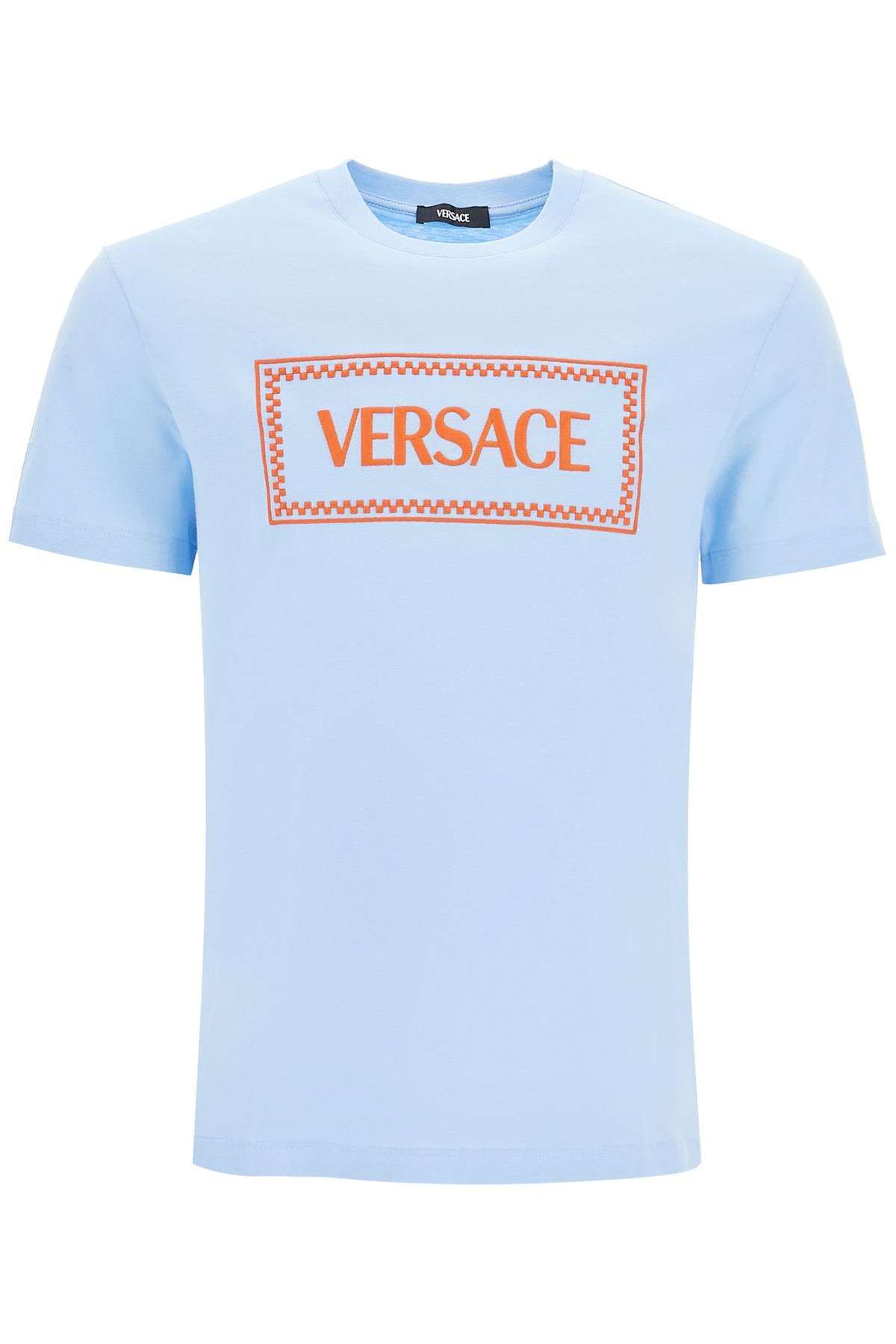 Versace Embroidered Logo T Shirt   Light Blue