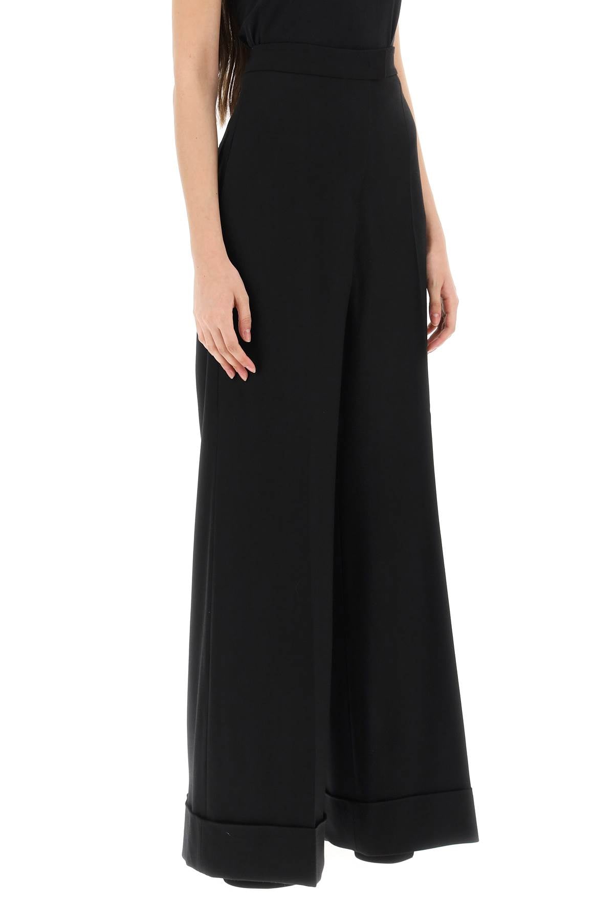 Moschino Cuffed Palazzo Trousers In Wool Gabardine   Black