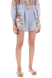 Zimmermann             Lexi Tuck Linen Shorts With Floral Motif   Light Blue