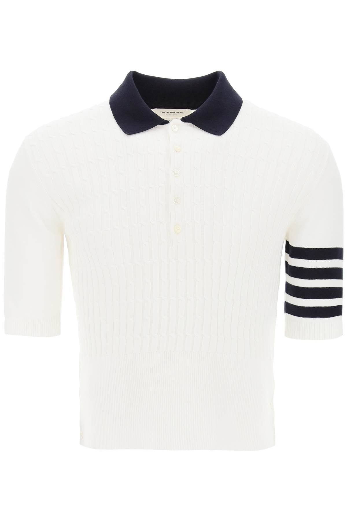 Thom Browne Placed Baby Cable 4 Bar Cotton Polo Sweater   White