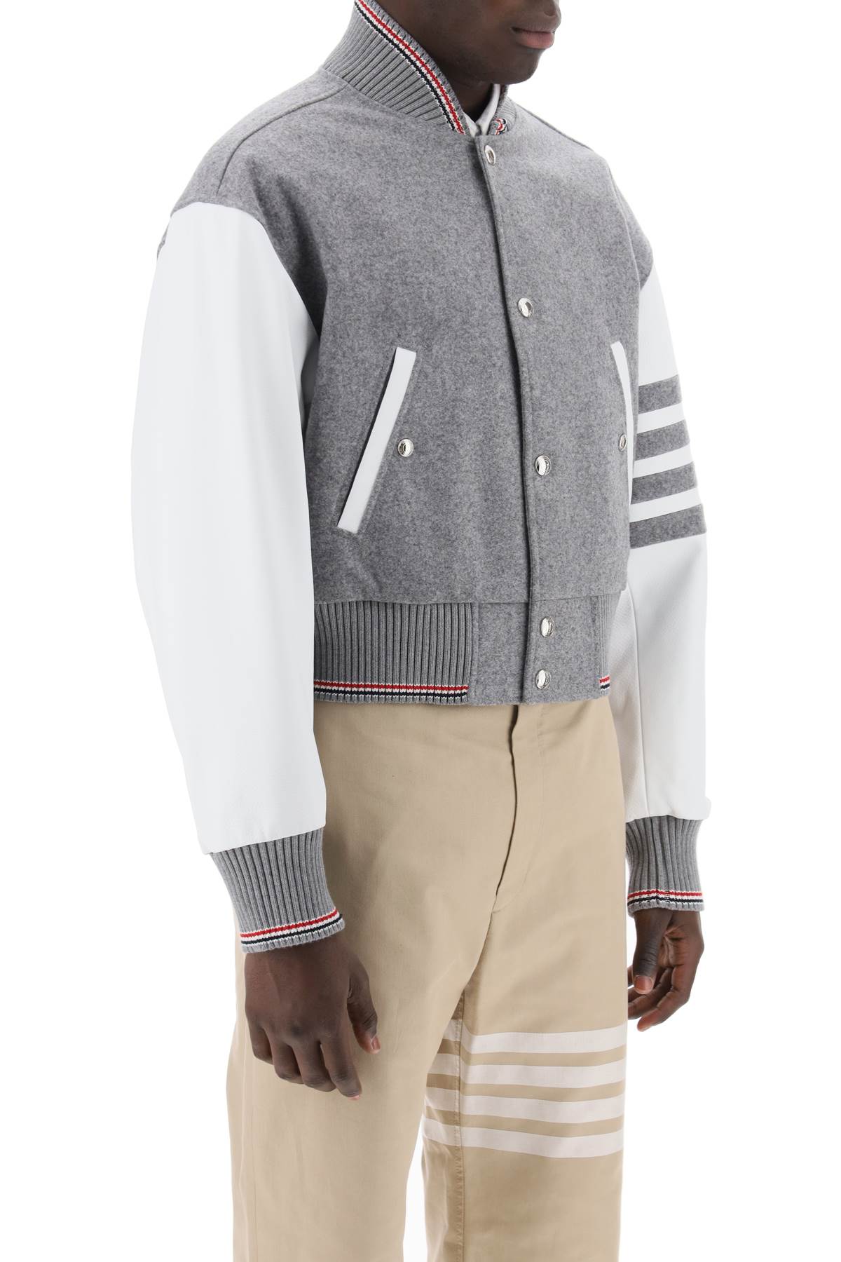 Thom Browne Wool Bomber Jacket With Leather Sleeves And   Grey