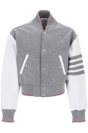 Thom Browne Wool Bomber Jacket With Leather Sleeves And   Grey