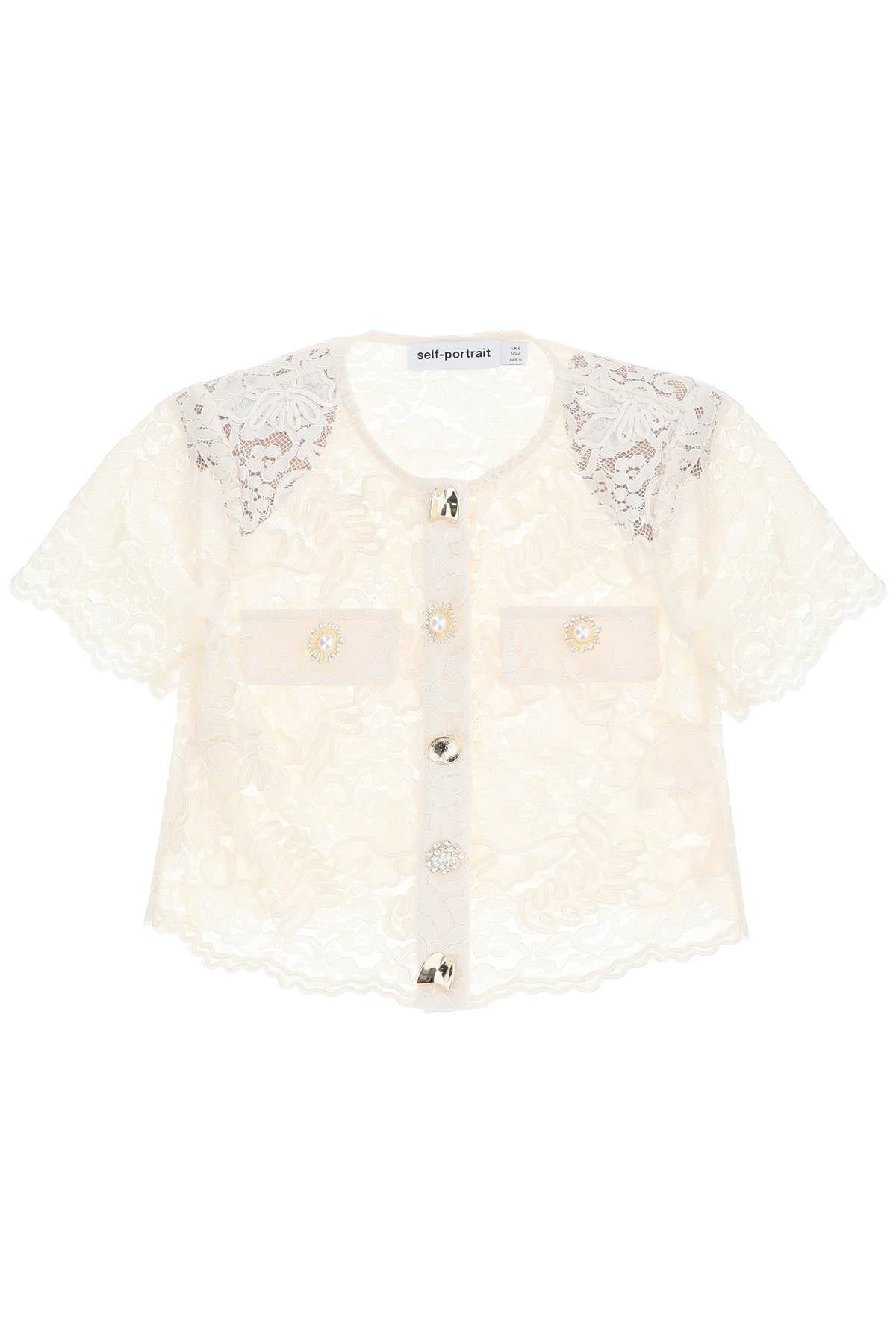 Self Portrait Lace Cropped Top With Diamanté Buttons   White