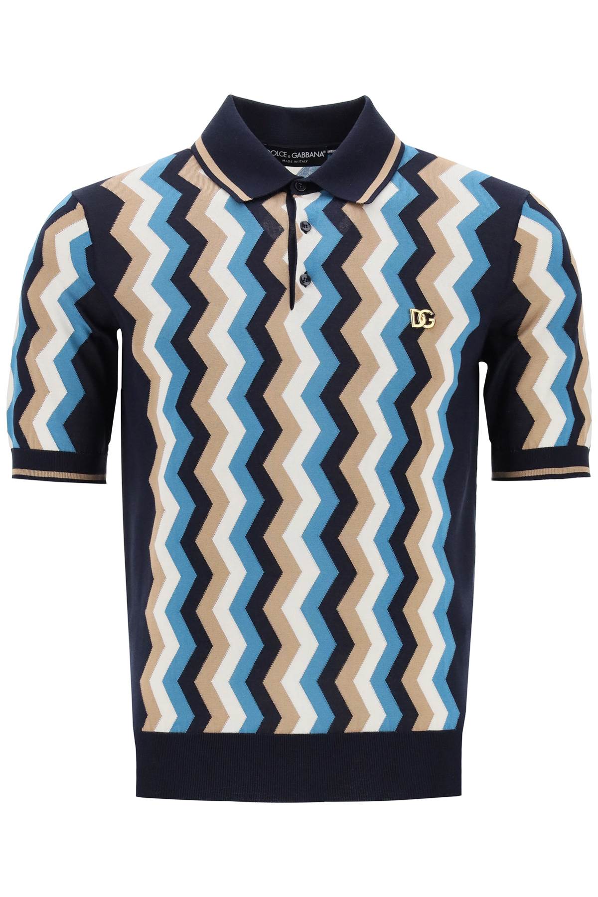 Dolce & Gabbana Silk Polo Shirt With Zigzag In   Blue