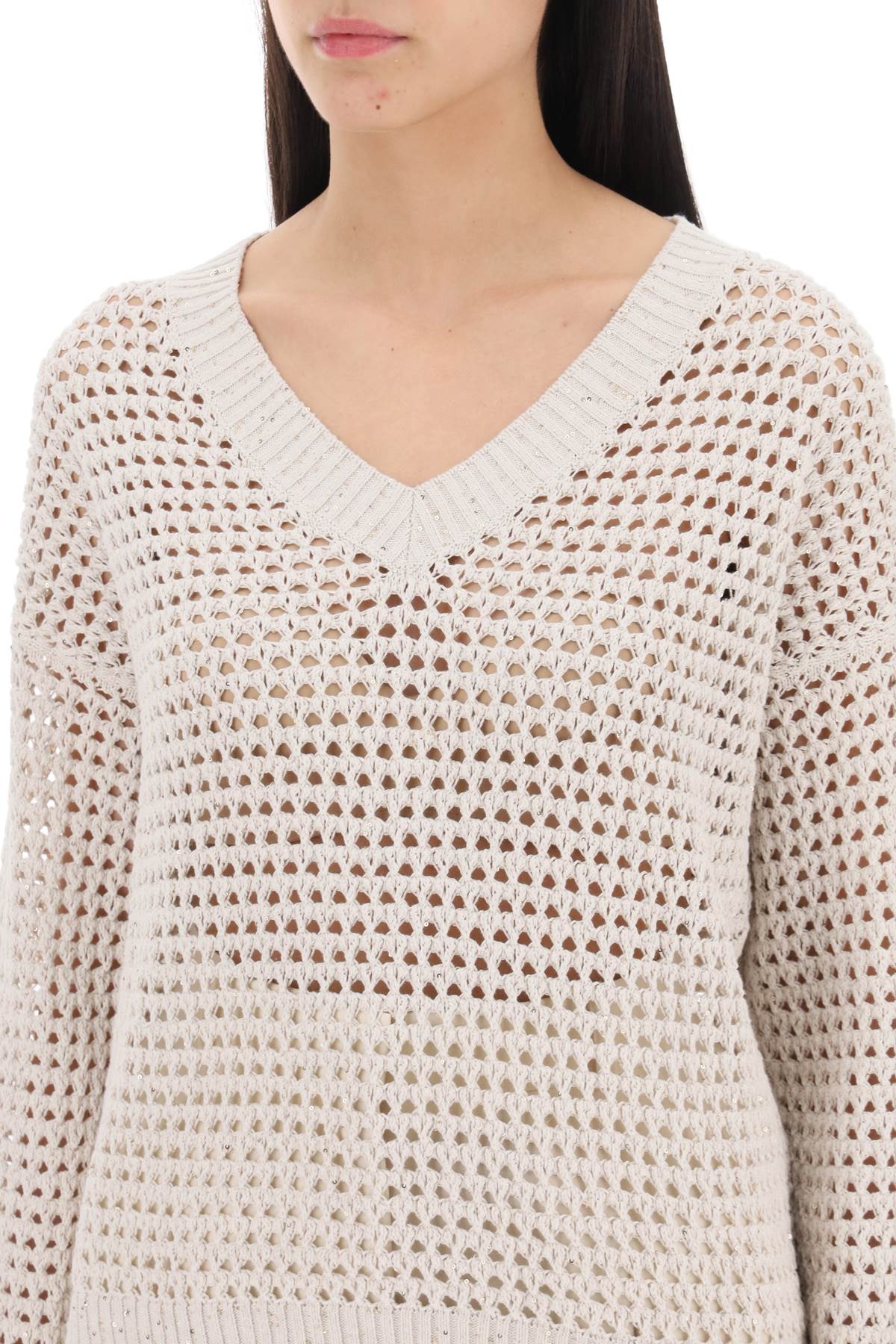 Brunello Cucinelli Dazzling Net Cotton Sweater   Neutral