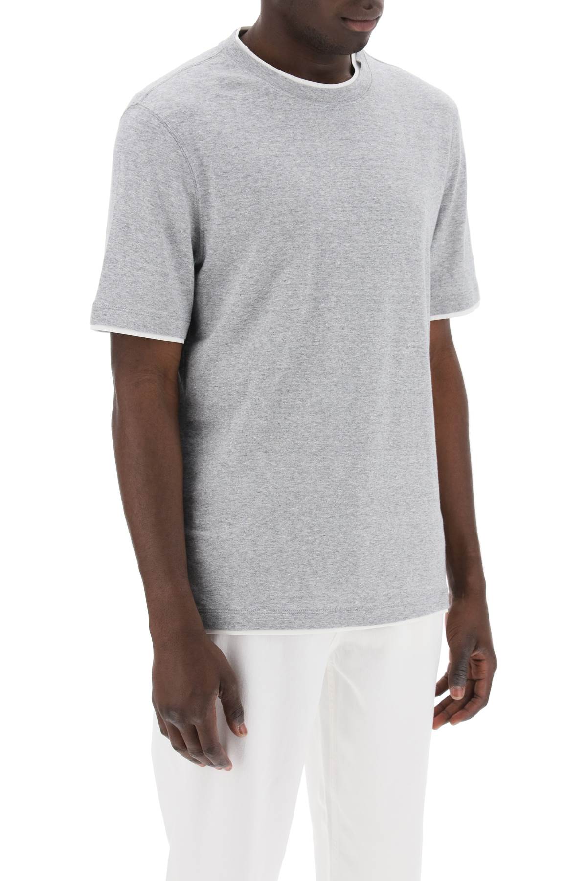 Brunello Cucinelli Overlapped Effect T Shirt In Linen And Cotton   Grey