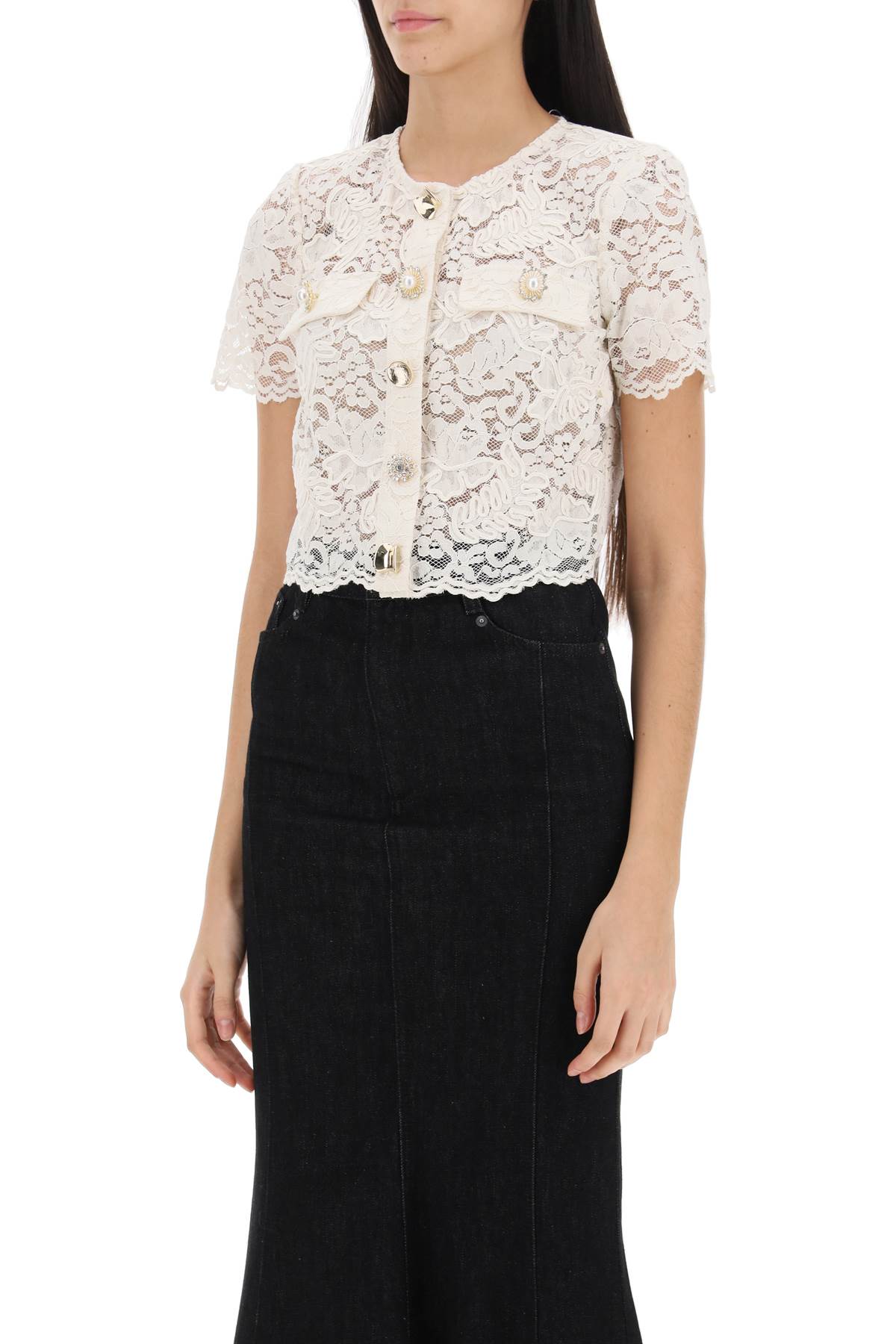 Self Portrait Lace Cropped Top With Diamanté Buttons   White