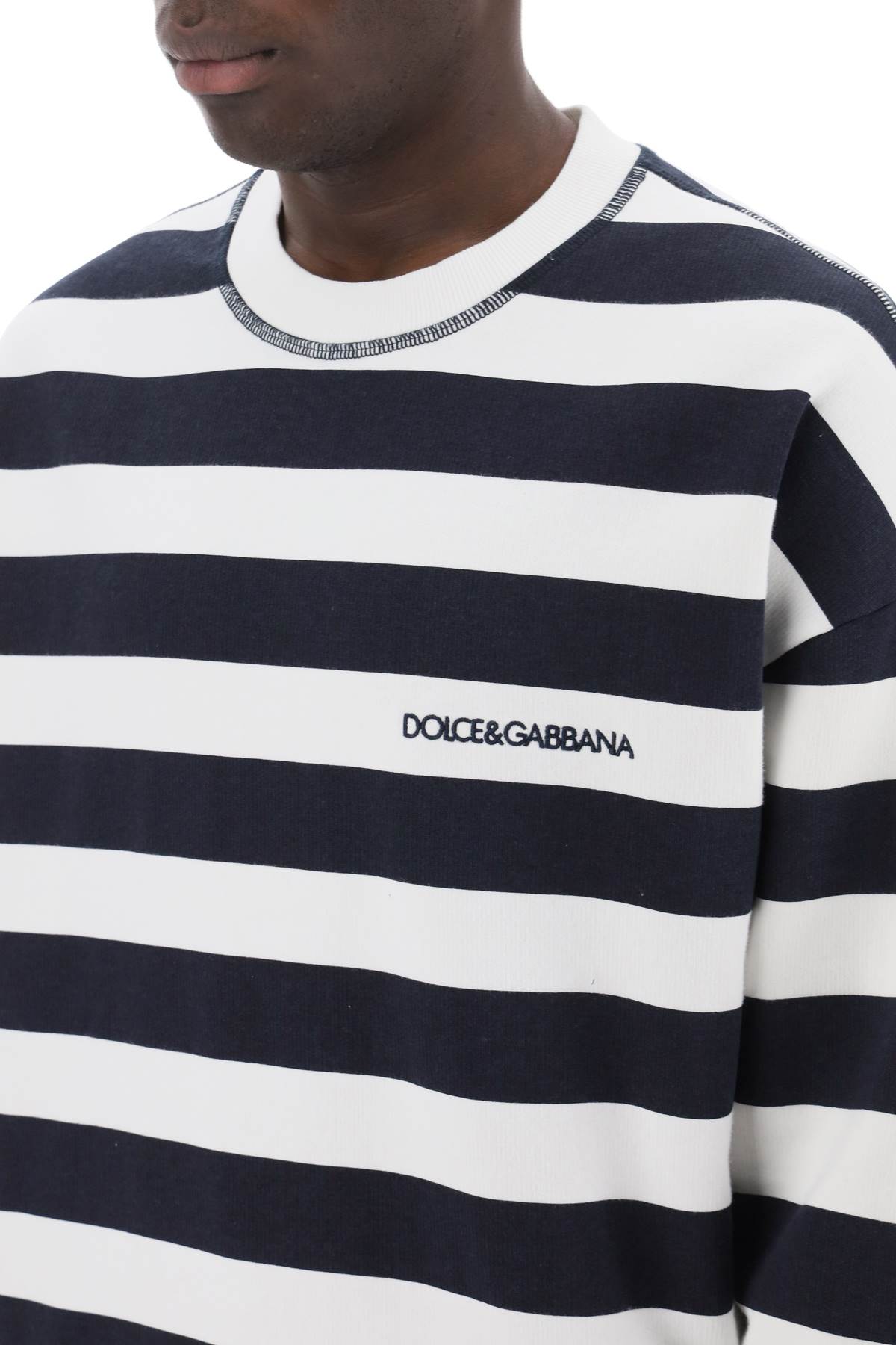 Dolce & Gabbana Striped Sweatshirt With Embroidered Logo   White