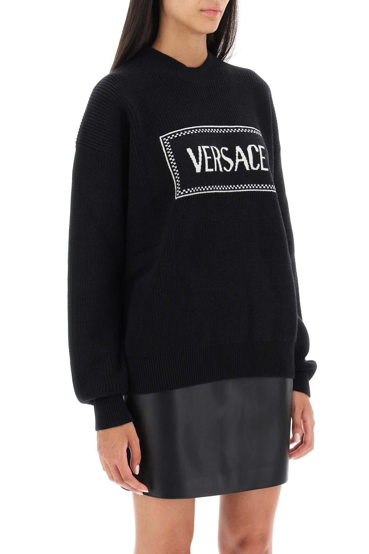 Versace Crew Neck Sweater With Logo Inlay   Black