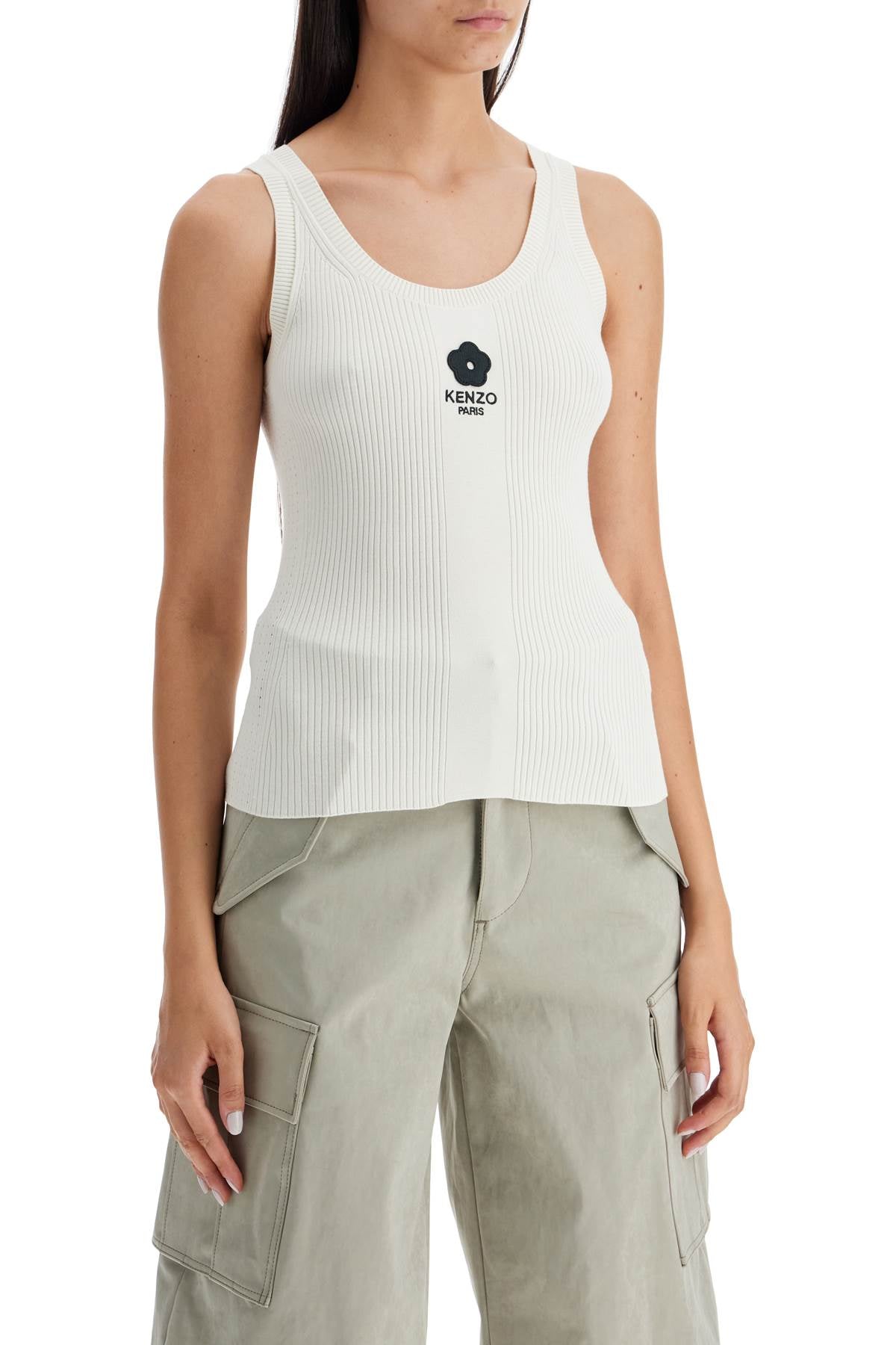 Kenzo Ribbed Knit Tank Top With Spaghetti Straps   White