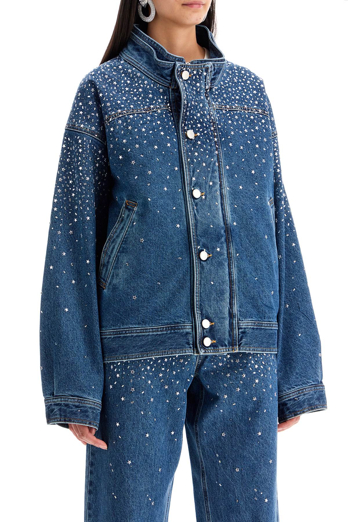 Alessandra Rich Denim Bomber Jacket With Rhin   Blue