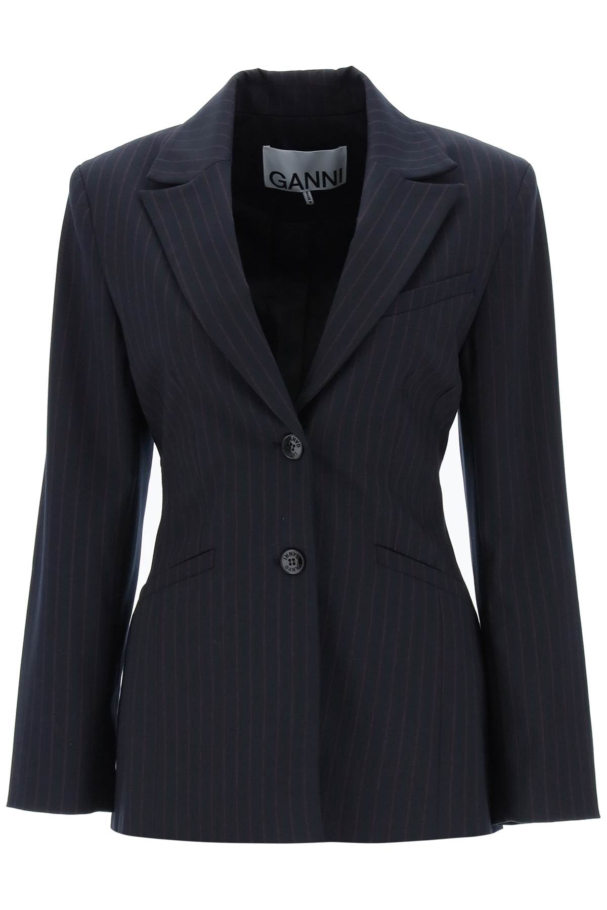 Ganni Single Breasted Pinstriped Blazer   Blue