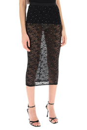 Alessandra Rich Midi Skirt In Lace With Rhinestones   Black